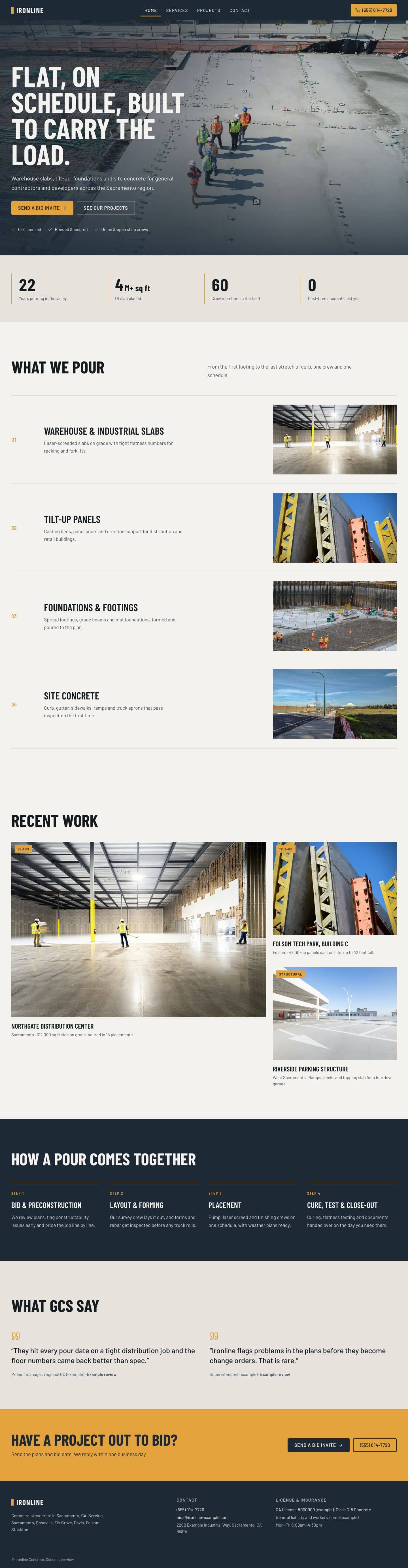 Full-length screenshot of the Ironline Concrete preview home page