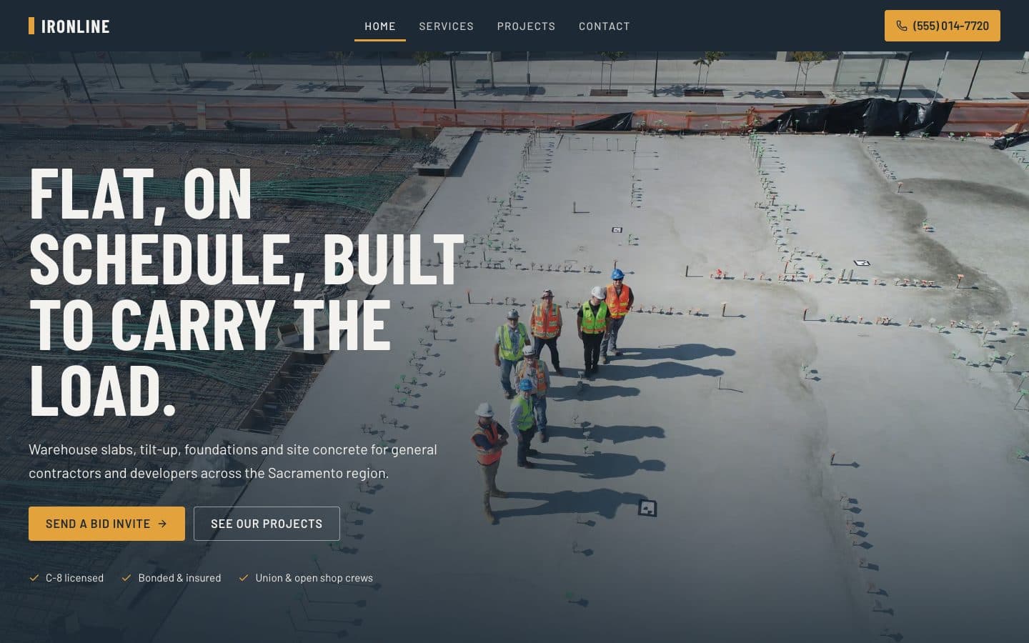Home page of the Ironline Concrete preview website